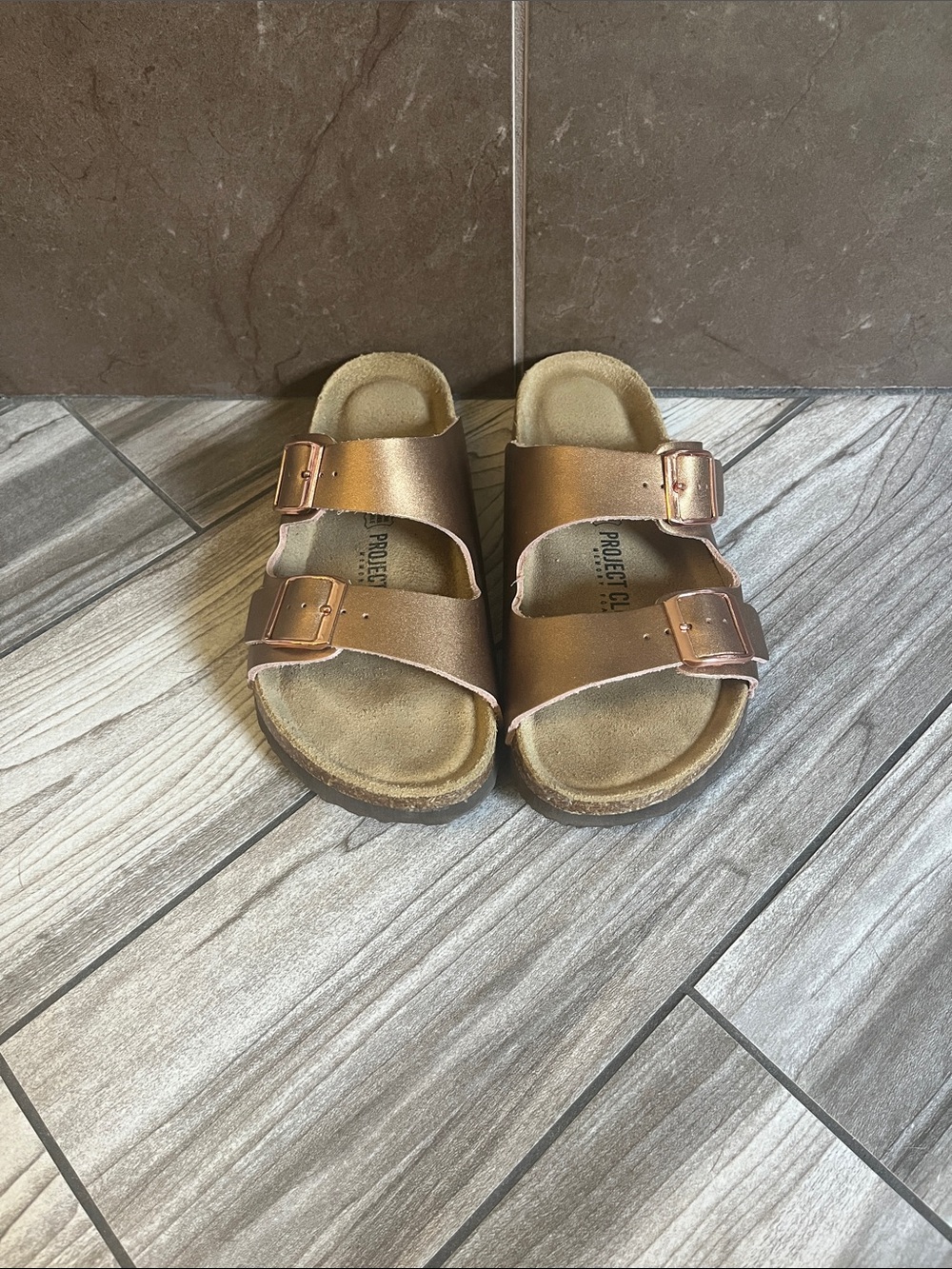 Project Cloud Metallic Rose Gold Leather Double Buckle Slide Sandals